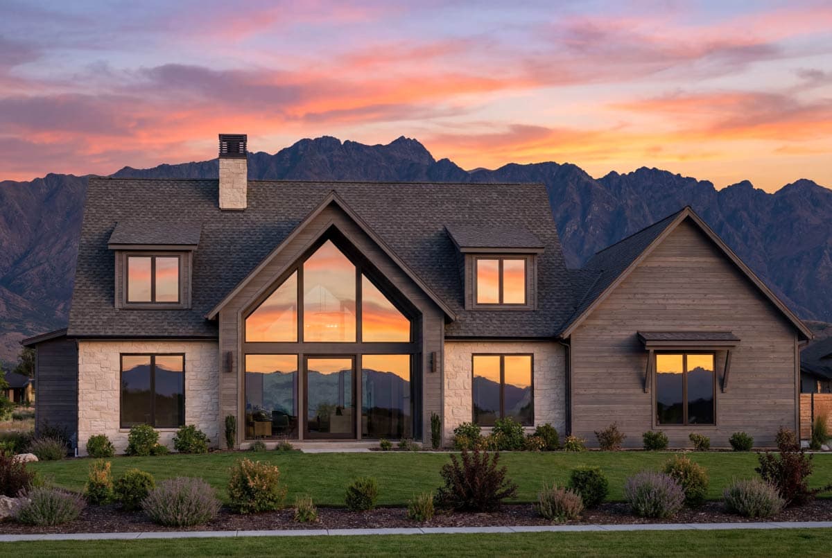 House plan exterior shows a two-story Modern Farmhouse with a gable roof, large A-frame window, stone accents, and a prominent chimney.