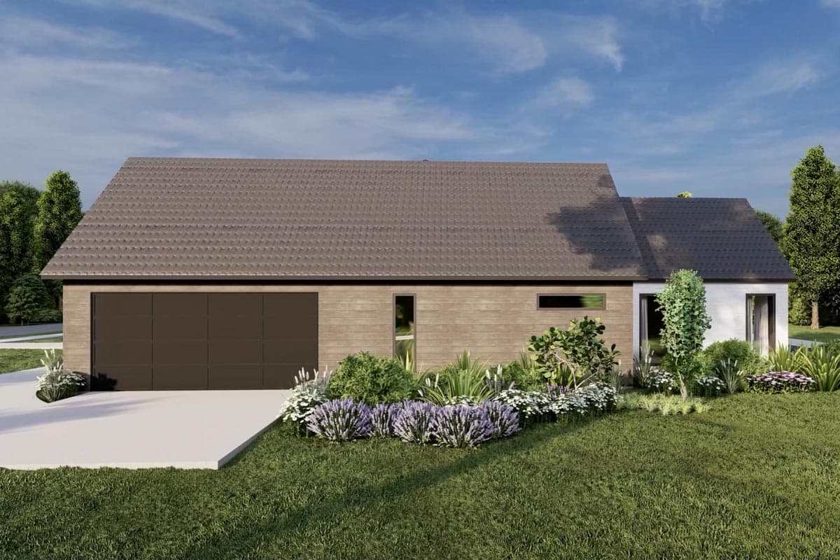 House plan exterior: single-story Modern style with wide horizontal siding, large garage door, and hip rooflines.