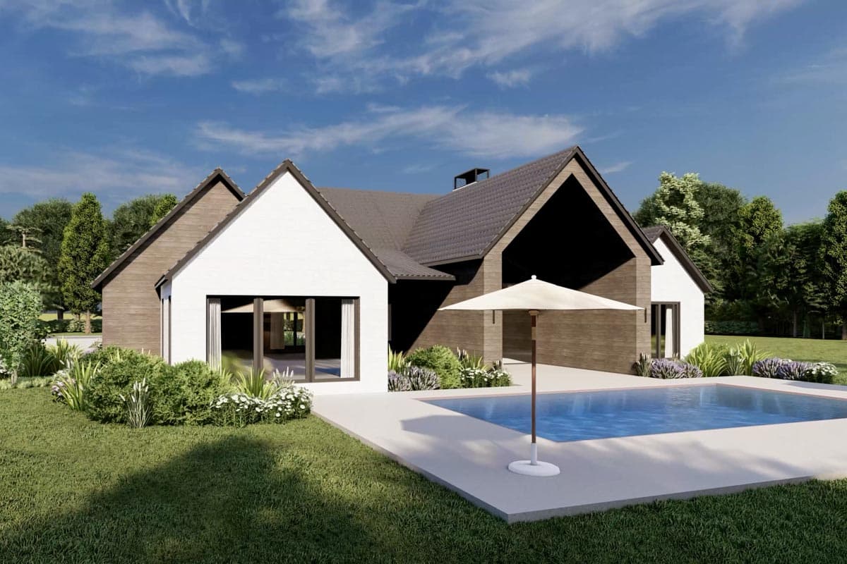 House plan exterior: Modern style, one story, with large gables, wood siding accents, and covered patio.