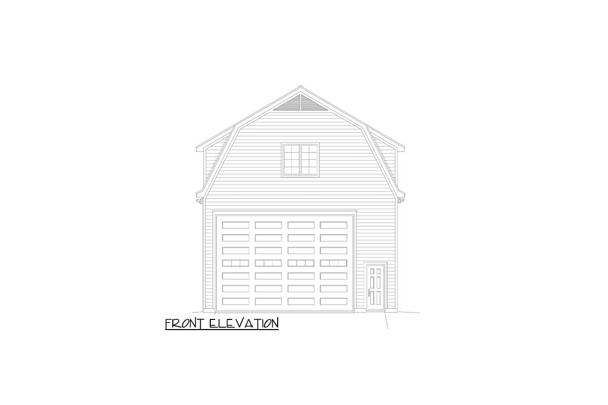 Front elevation drawing of a gambrel roof garage with a double garage door, single pedestrian door, and upper dormer window.
