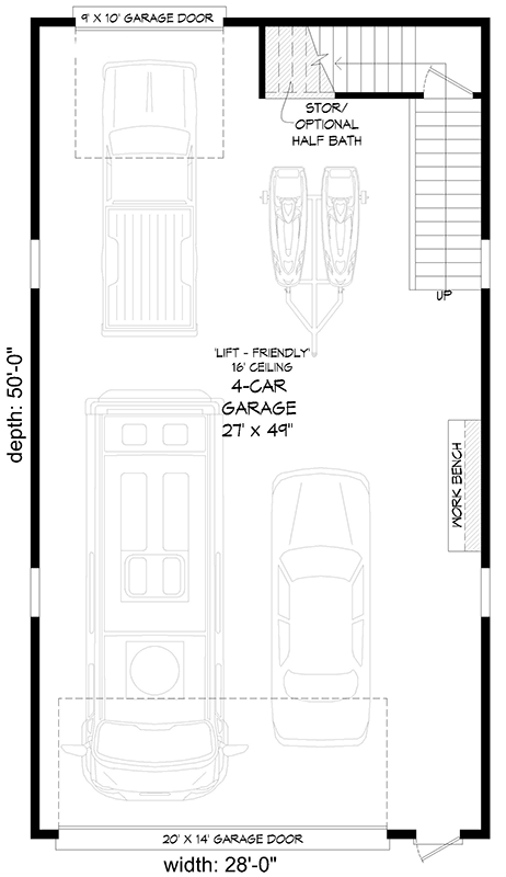 Plan 680179VR: RV Garage with 1062 Square Foot 2-Bed Apartment Above - Floor Plan - Main Level - Barndominium, Country, Farmhouse