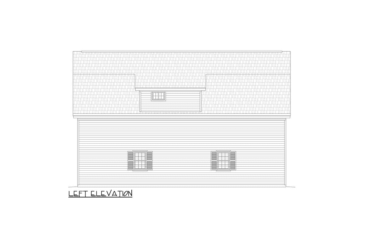 Left elevation of house plan showing siding, two windows on main level, and a dormer with one window.
