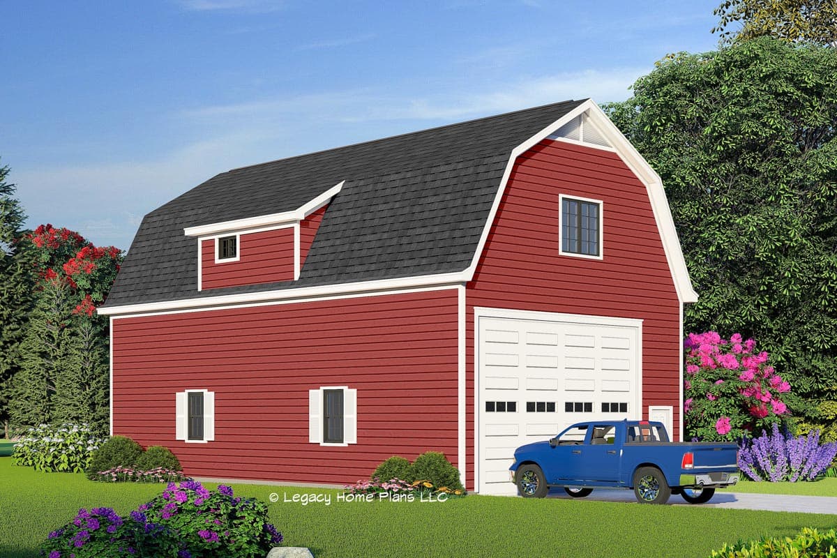 House plan exterior. Two-story barn style building with a gambrel roof, dormer, and large garage door. Red siding with white trim.