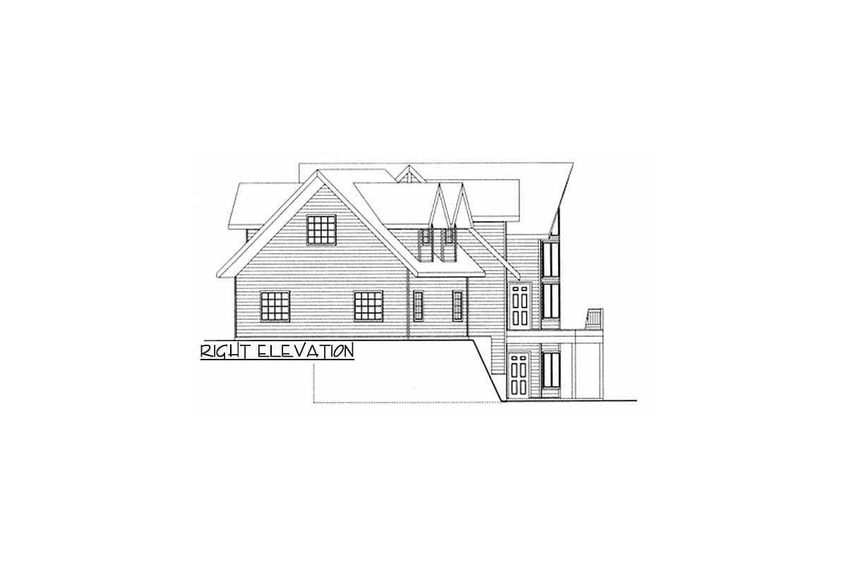 Right elevation house plan drawing showing multiple stories, gables, dormers, and a deck.