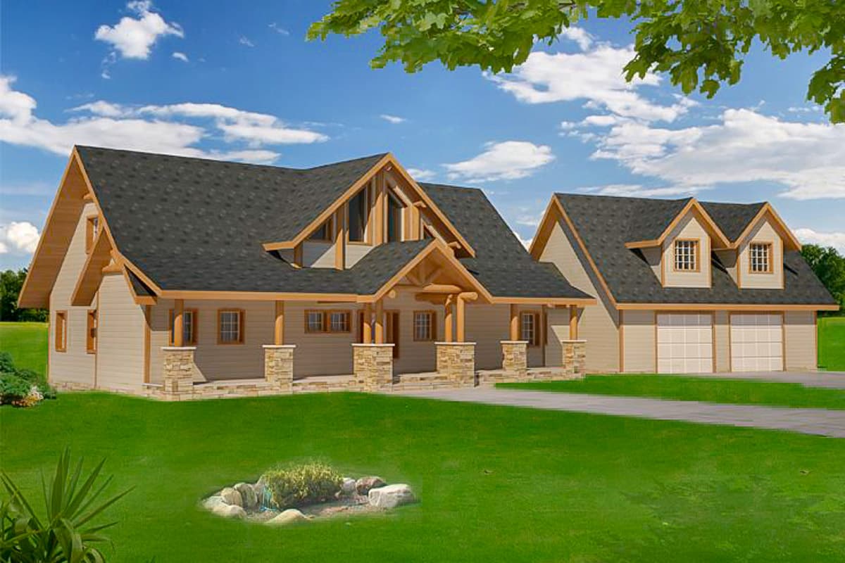 House plan exterior: Modern Farmhouse style, two stories, gabled roof, covered porch with stone pillars, and attached three-car garage.