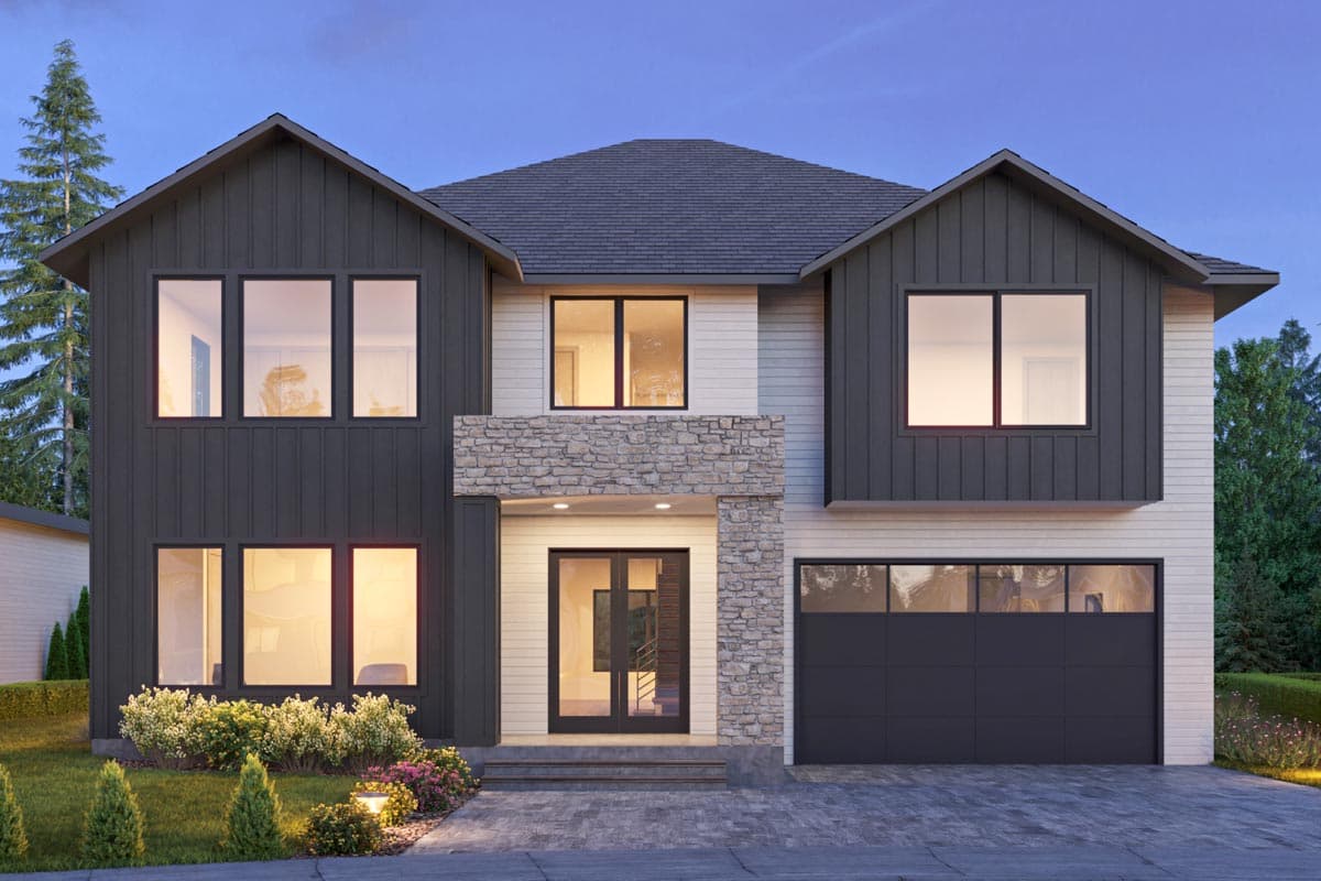 House plan exterior featuring Modern Farmhouse style with two stories, gabled rooflines, stone facade, and attached garage.