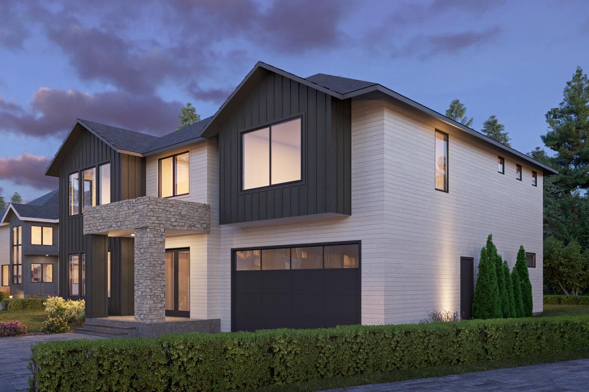 Modern two-story house plan exterior with stone-clad entrance, dark metal siding, white horizontal siding, and a dark garage door.