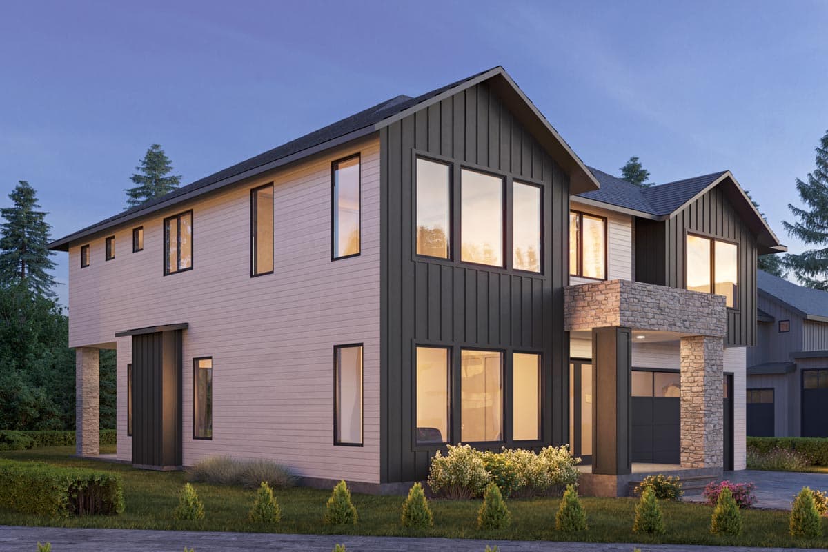 Modern house plan exterior with two stories, board and batten siding, stone-clad porch, and gabled rooflines.