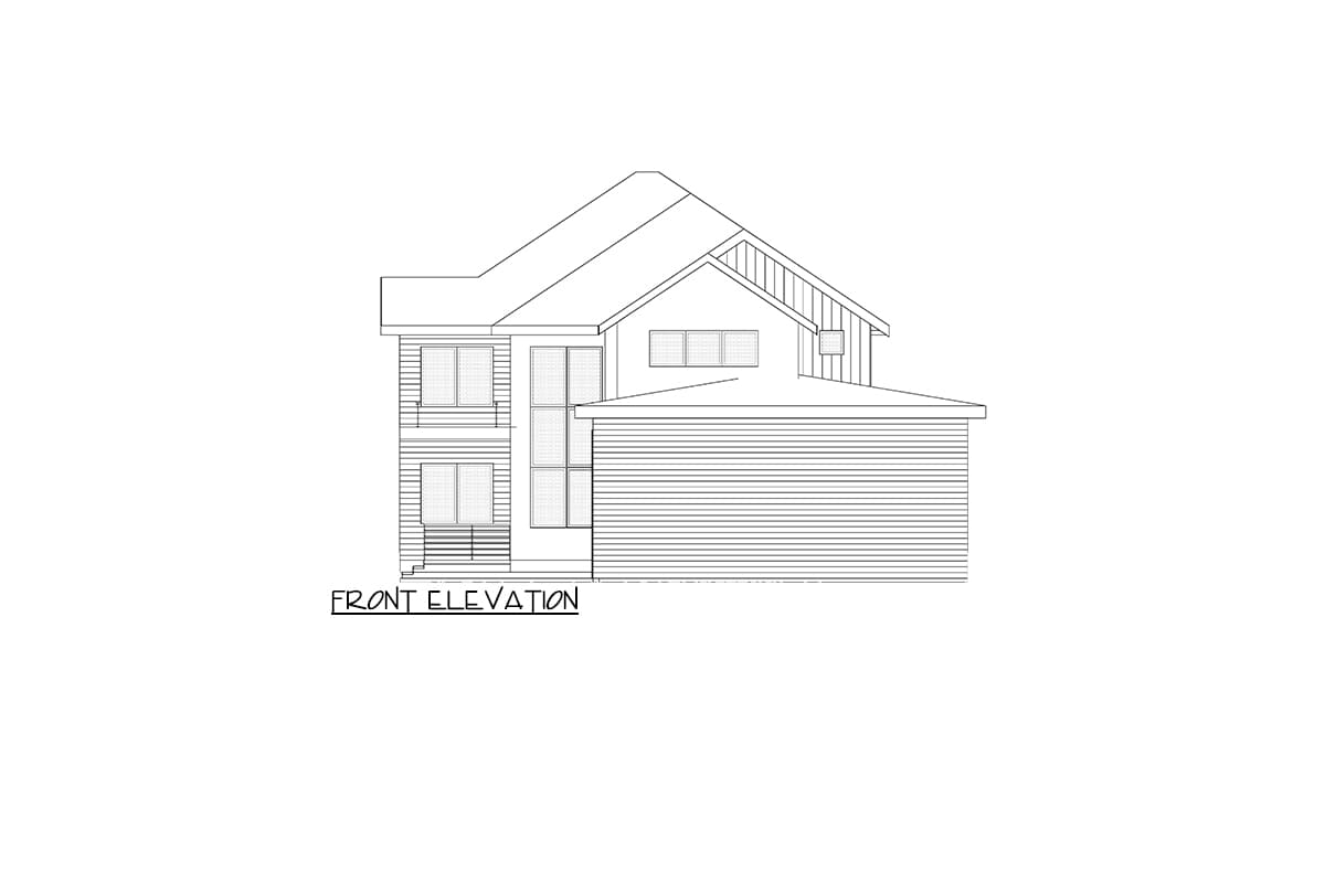 Front elevation drawing of a two-story house with gabled rooflines, horizontal siding, and multiple windows.