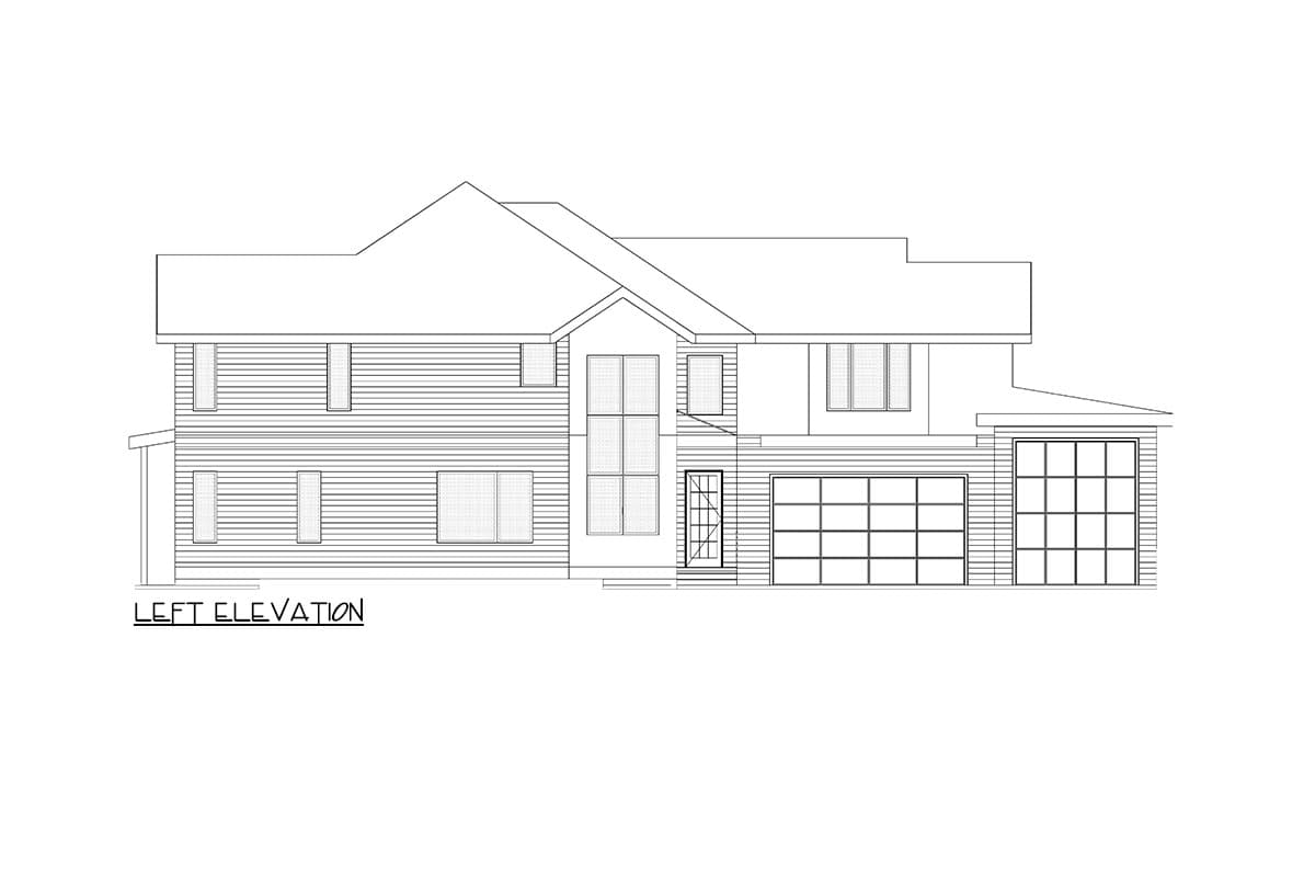Left elevation house plan with two stories, horizontal siding, multiple windows, and two garage doors.