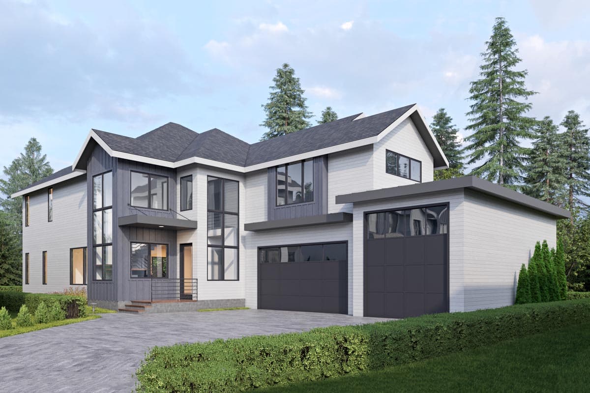 House plan exterior with two stories, modern style, featuring a gabled roof, large windows, and an attached garage.
