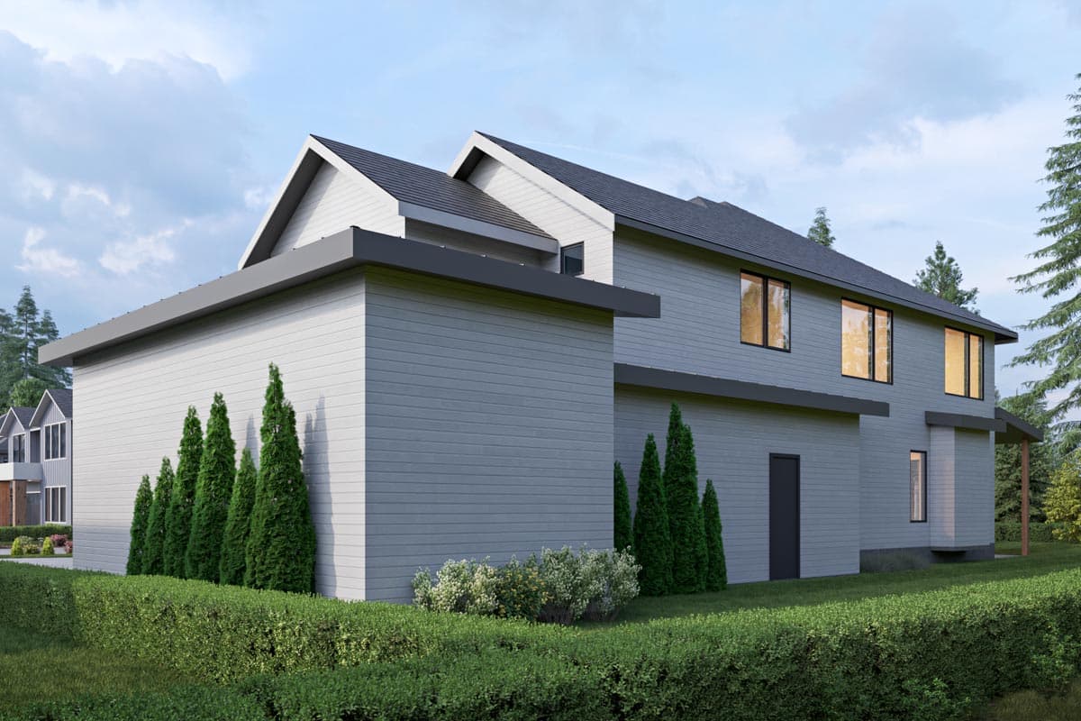Two-story house plan exterior with a modern style, horizontal siding, gabled rooflines, and large windows.