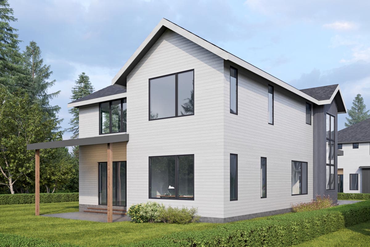 Modern house plan exterior: two stories, white horizontal siding, gabled roof, covered porch, and large dark-framed windows.