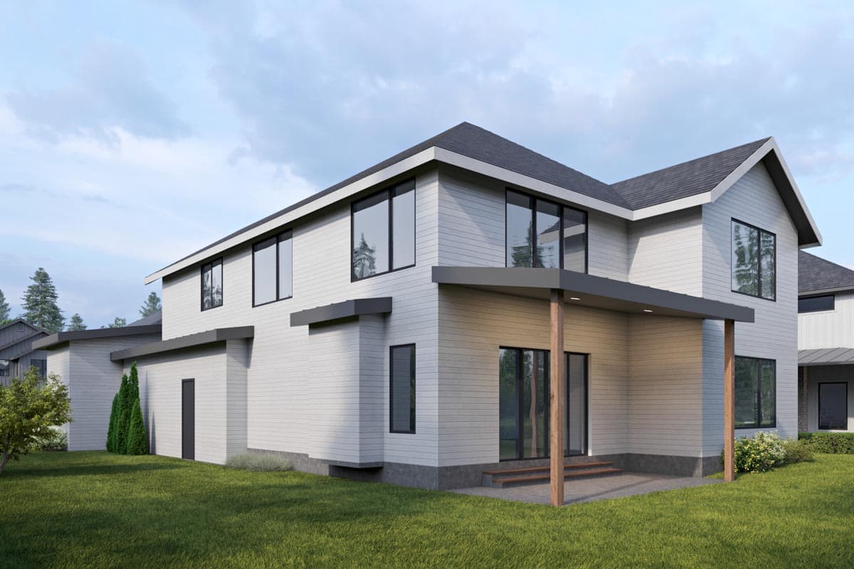 Modern two-story house plan exterior with horizontal siding, large windows, and covered porch.