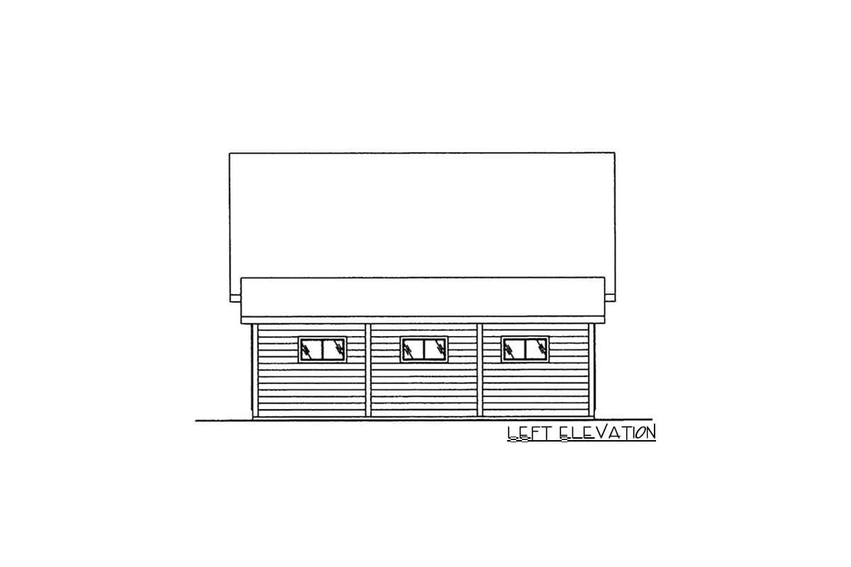 Left elevation of a house plan showing a long facade with three evenly spaced windows and horizontal siding.