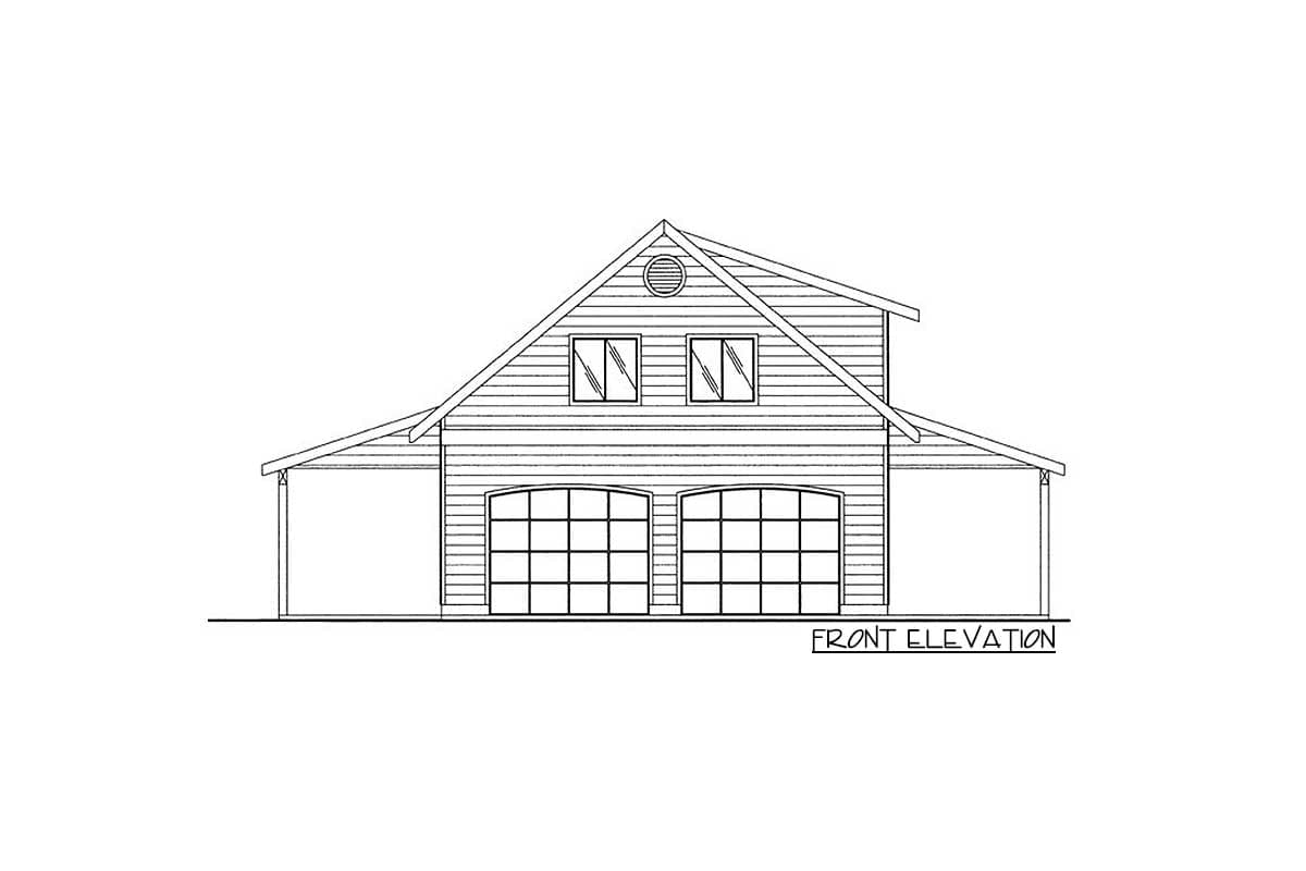 Front elevation drawing of a two-story house plan with two arched garage doors and a prominent gable.