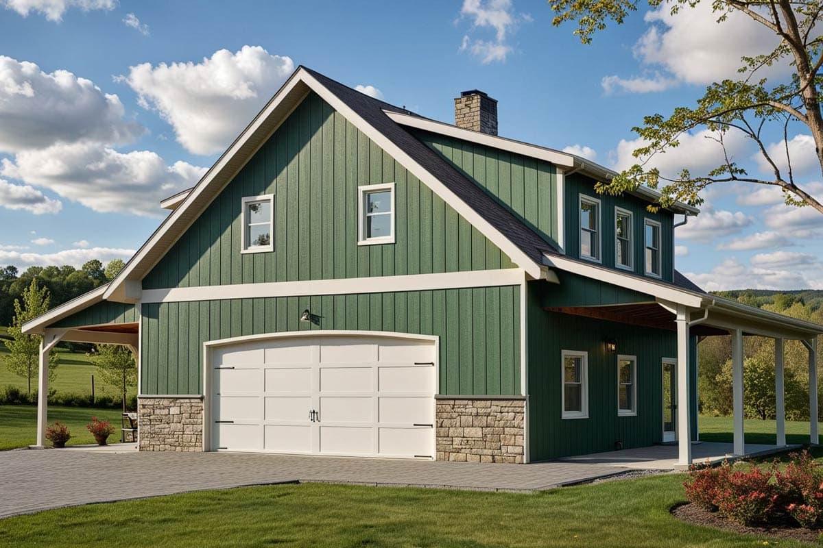 House plan exterior with two stories, gabled roof, and attached carport. Features include a garage door and stone veneer accents.