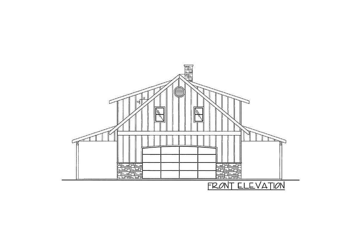 Front elevation drawing of a barn-style house plan with a large garage door, two windows, and a gable roof.