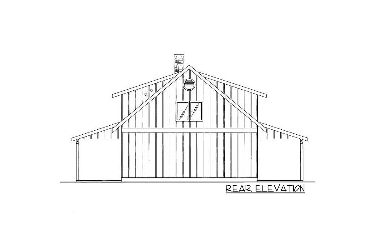 Rear elevation drawing of a house plan featuring a gabled roof, chimney, two windows, and covered porch areas.