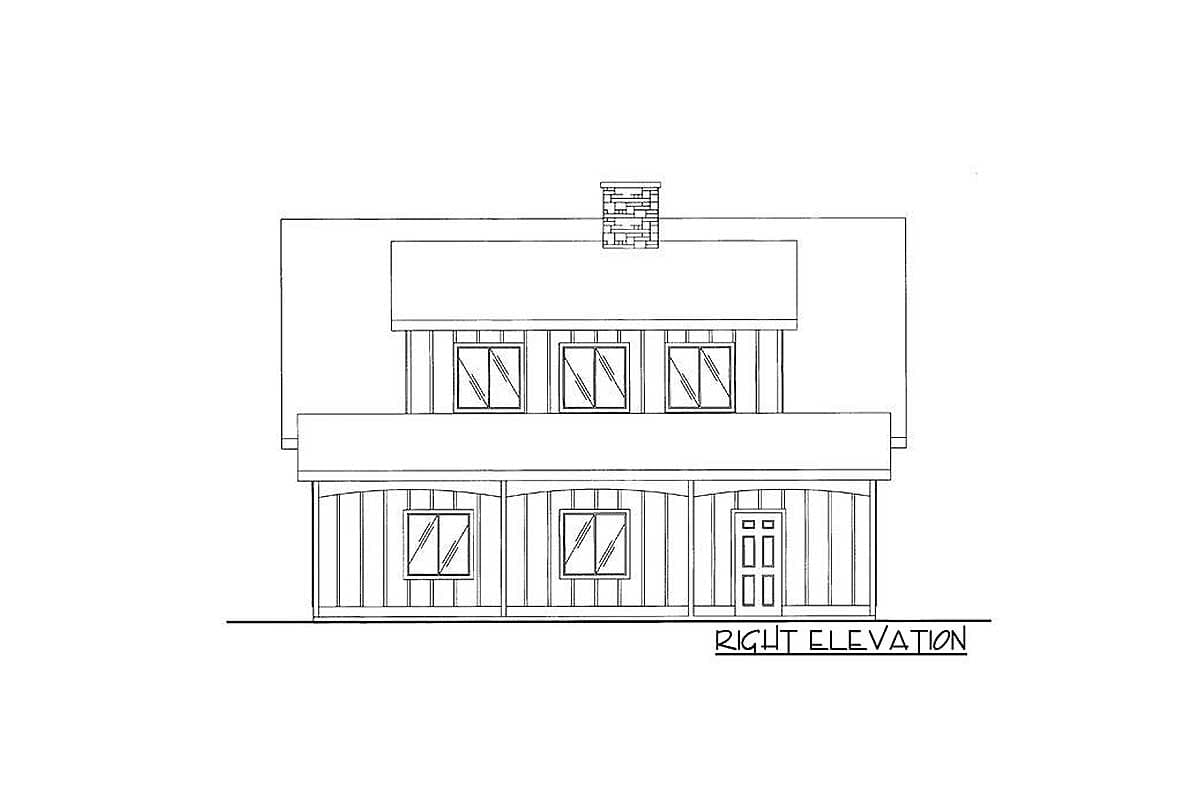 Right elevation house plan: two stories, three upper windows, arched porch with two windows and a double door.