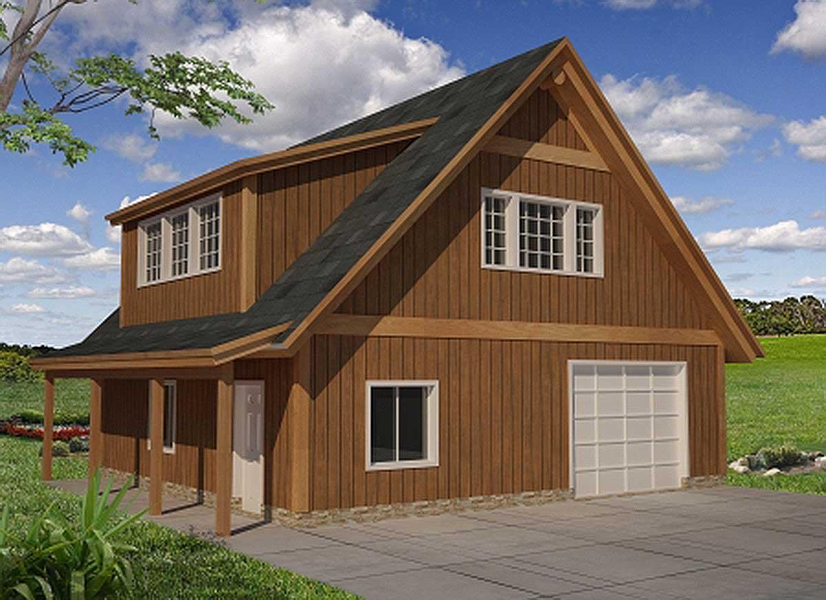 House plan exterior: two-story, gambrel roof, wood siding, covered porch, and attached garage.