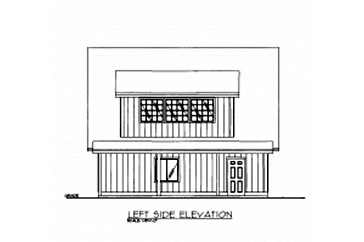Left side elevation drawing of a house plan showing a door, a small window, and three upper windows.
