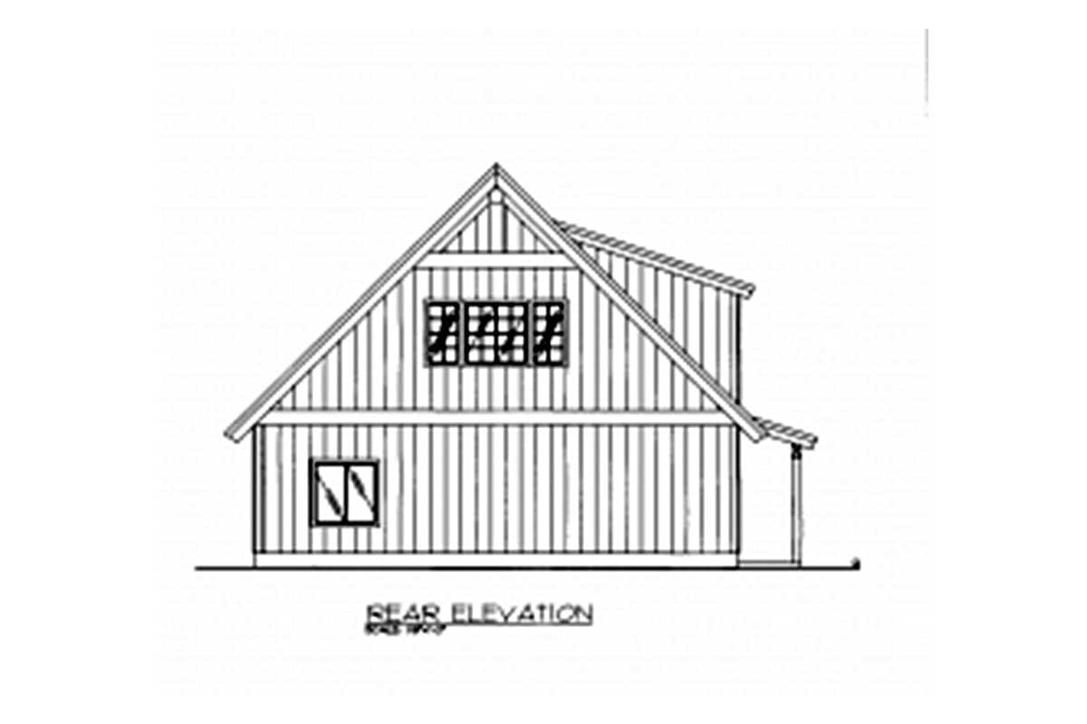 Rear elevation of a house plan showing a steeply pitched gable roof, vertical siding, and two dormer windows.