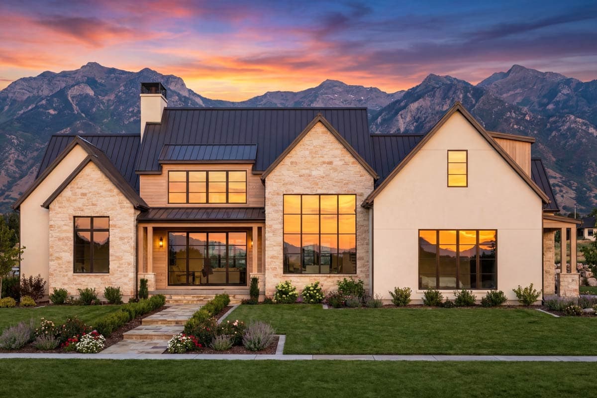 Modern Farmhouse house plan exterior with stone and wood siding, metal roof, and large windows.