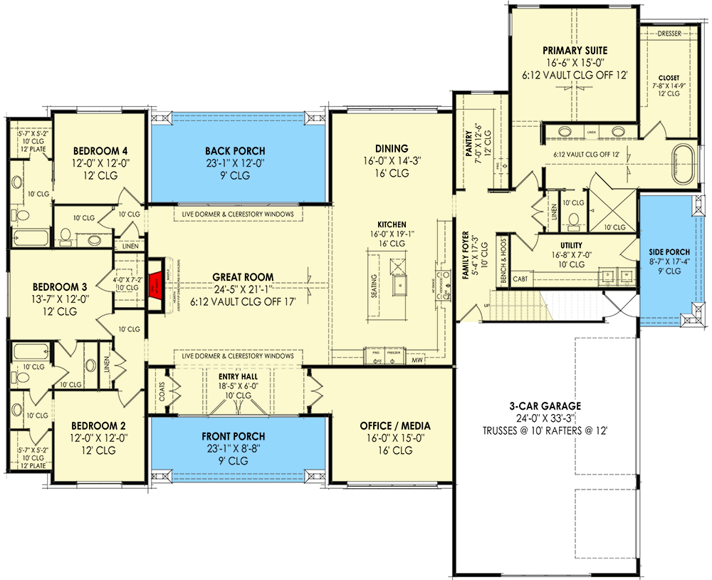Plan 818071JSS: 3565 Square Foot Contemporary House Plan with 3-Car Garage - Floor Plan - Main Level - Contemporary, Modern Farmhouse, New American, Transitional