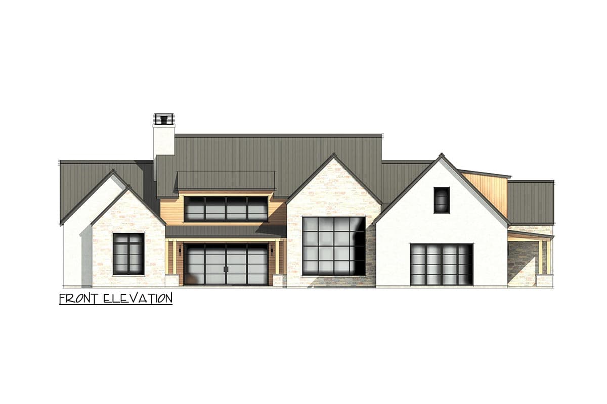 Front elevation house plan with multiple gables, stone and wood siding, a metal roof, and large grid windows.