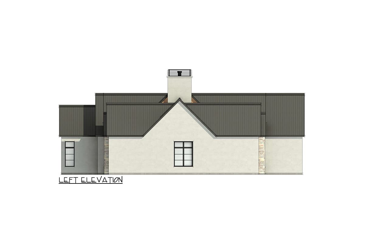 Left elevation drawing of a house plan with a gable roof, chimney, and multiple window types.