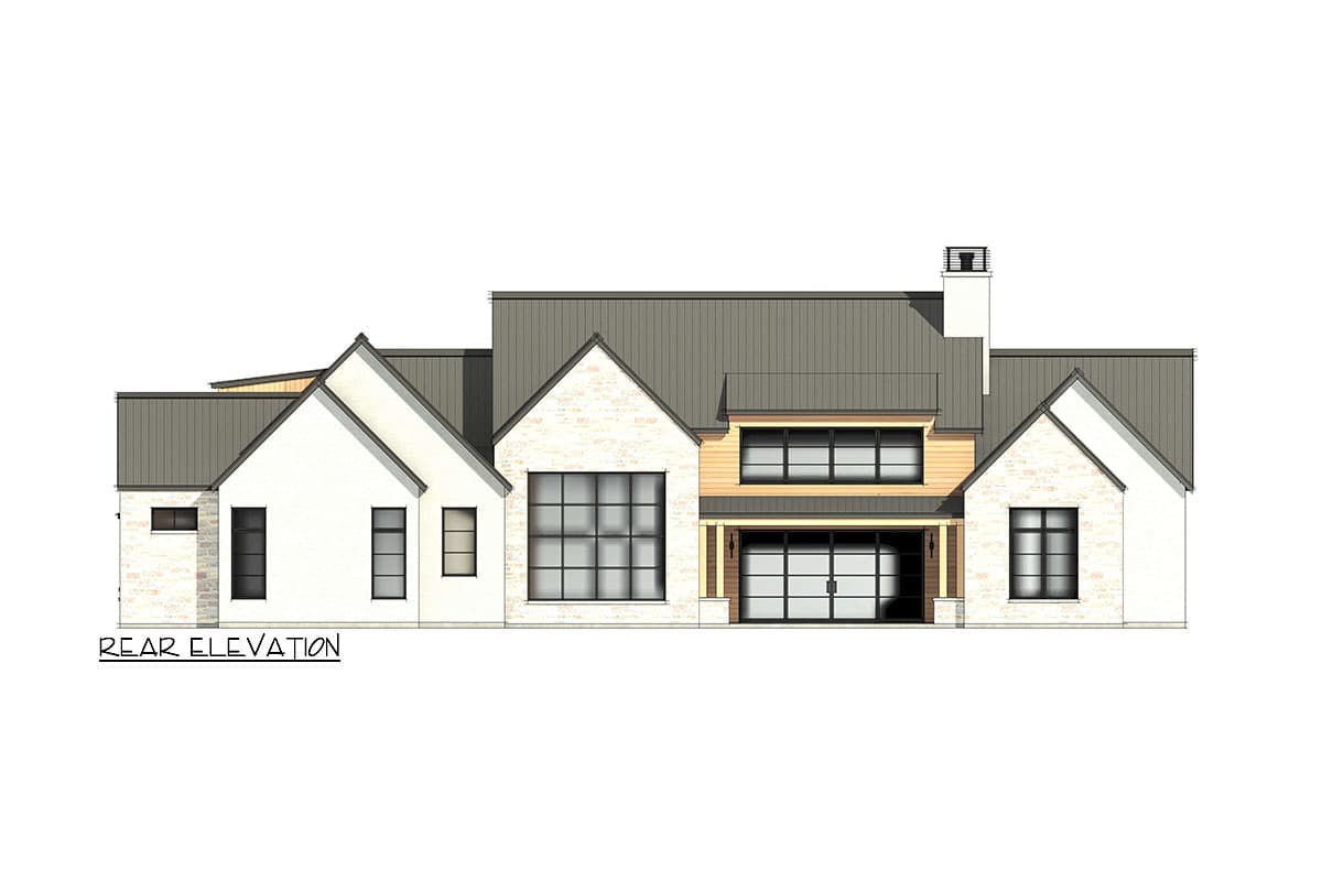 Rear elevation drawing of a modern house plan with gabled rooflines, large windows, and a two-car garage.