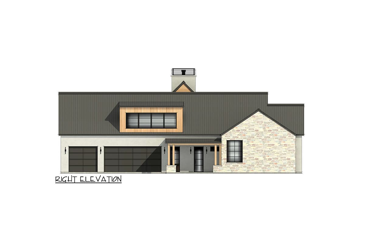 Right elevation house plan with stone exterior, two-car garage, gable roof, and modern window.