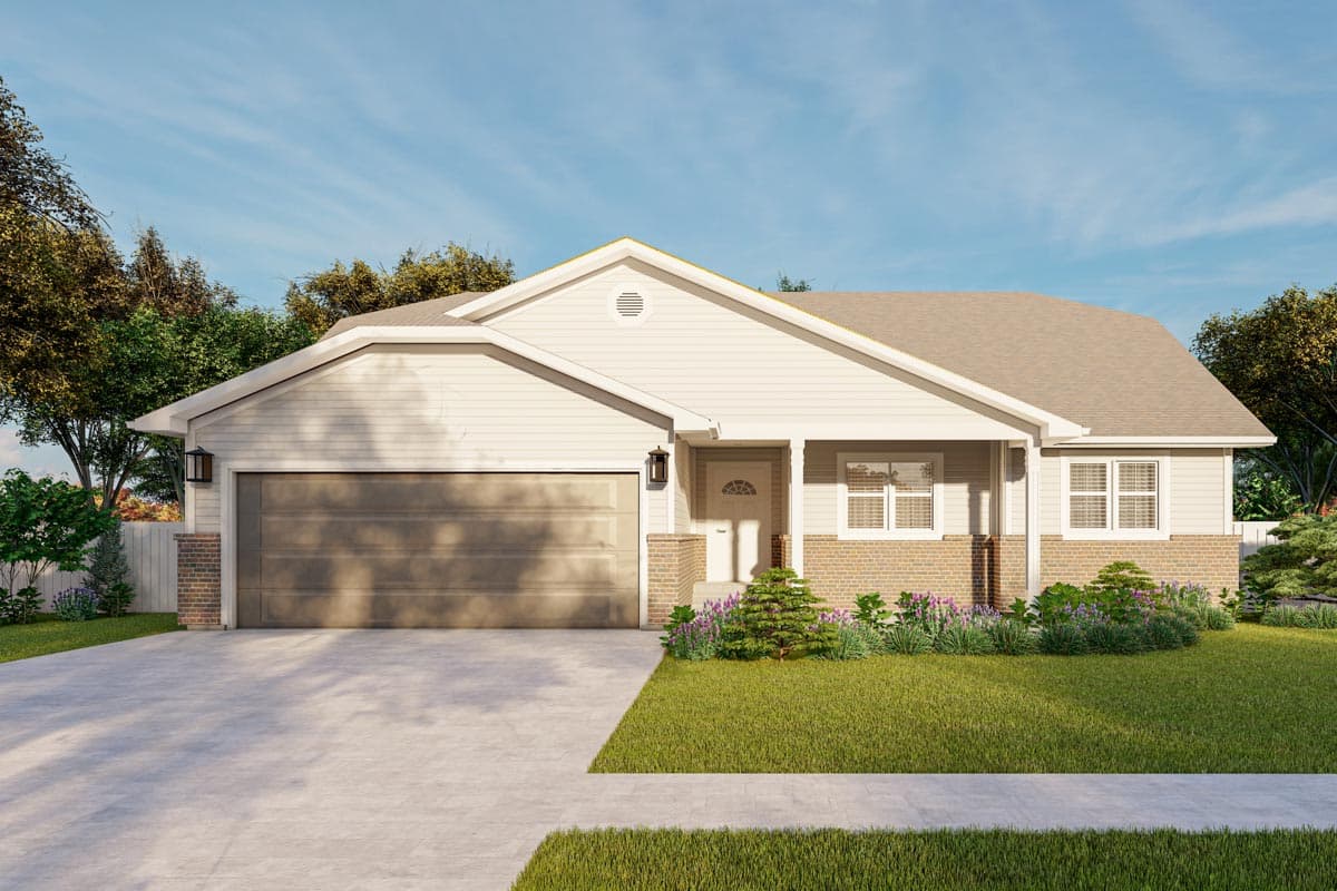 House plan exterior. Ranch-style home with a single story, front-facing garage, gabled roof, and covered porch with supporting columns.