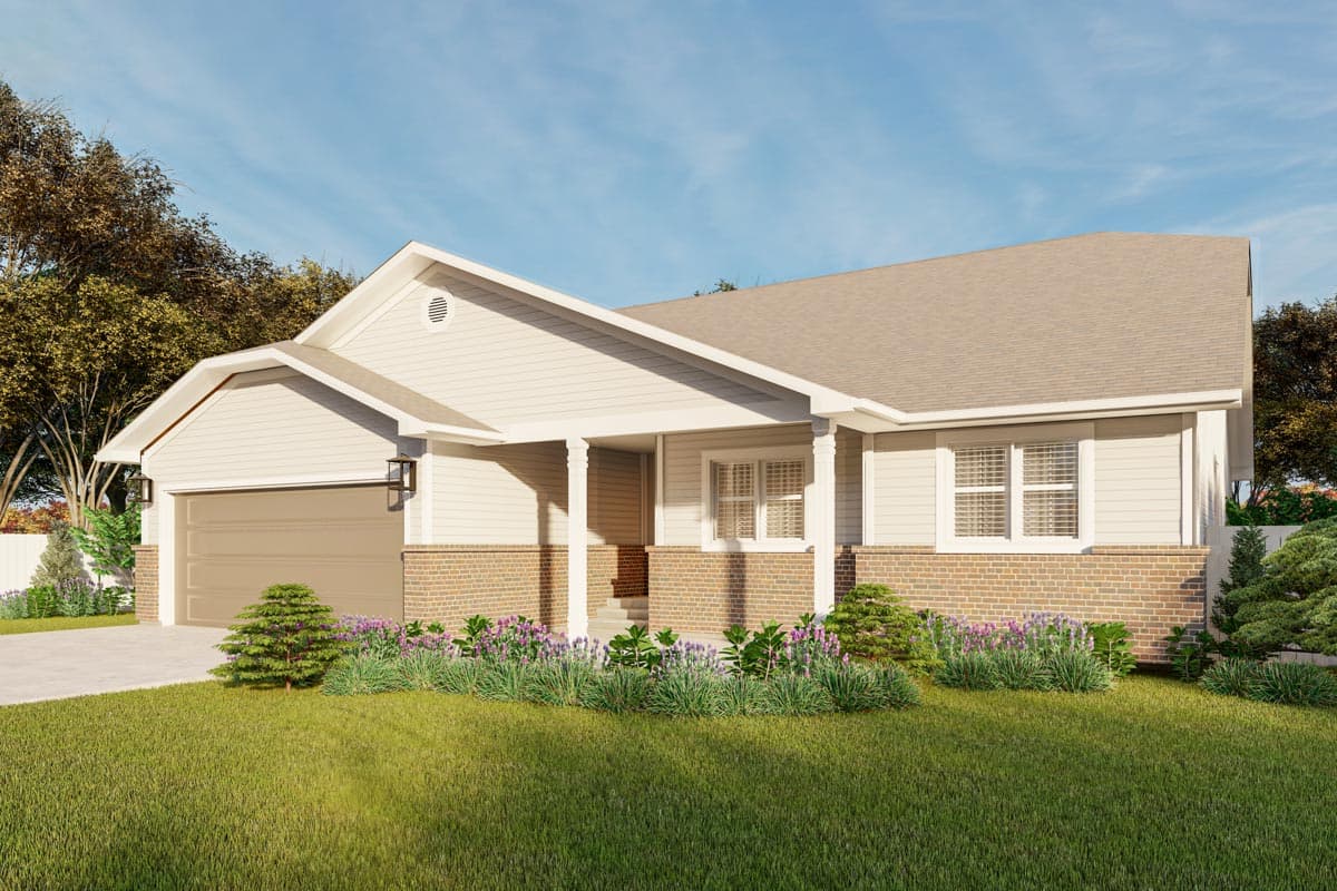 Ranch house plan exterior with a covered front porch, brick foundation, gable roof, and attached garage.
