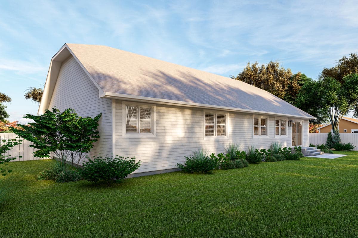 House plan exterior: Single-story modern farmhouse with gable roof, horizontal siding, and multiple windows.