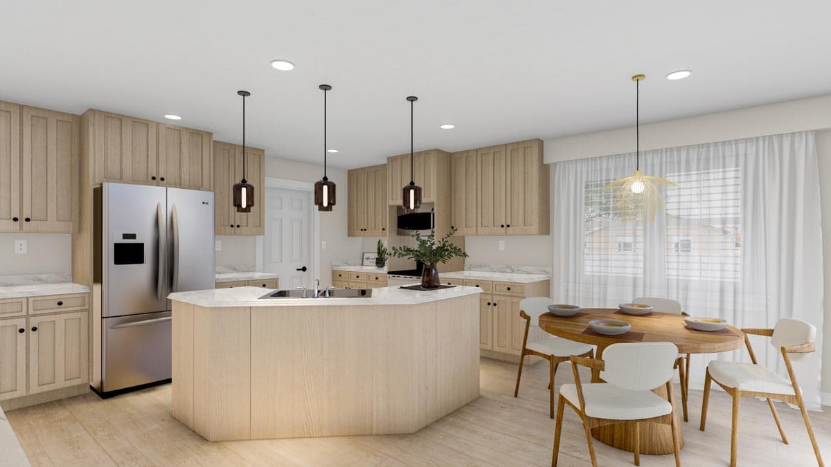Kitchen with light wood cabinetry, stainless steel refrigerator, and an octagonal island. Dining area with oval table and chairs.