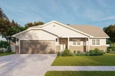 One-Story Clipped Gable House Plan Under 1500 Square Feet with Lower Level Expansion