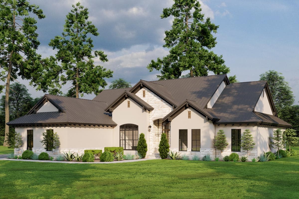 House plan exterior: Ranch style, metal roof, gables, stone accents, and arched window.