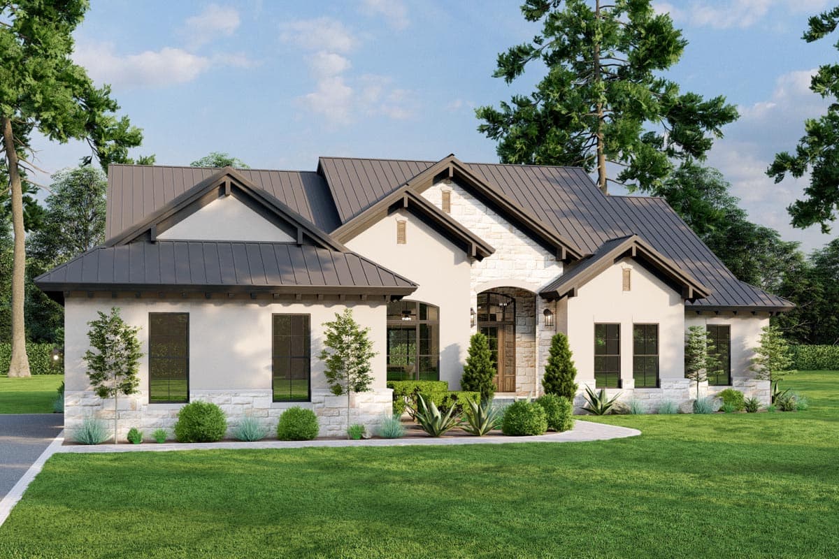 House plan exterior: one-story modern home with stone accents, metal roof, gabled dormers, and arched entryway.