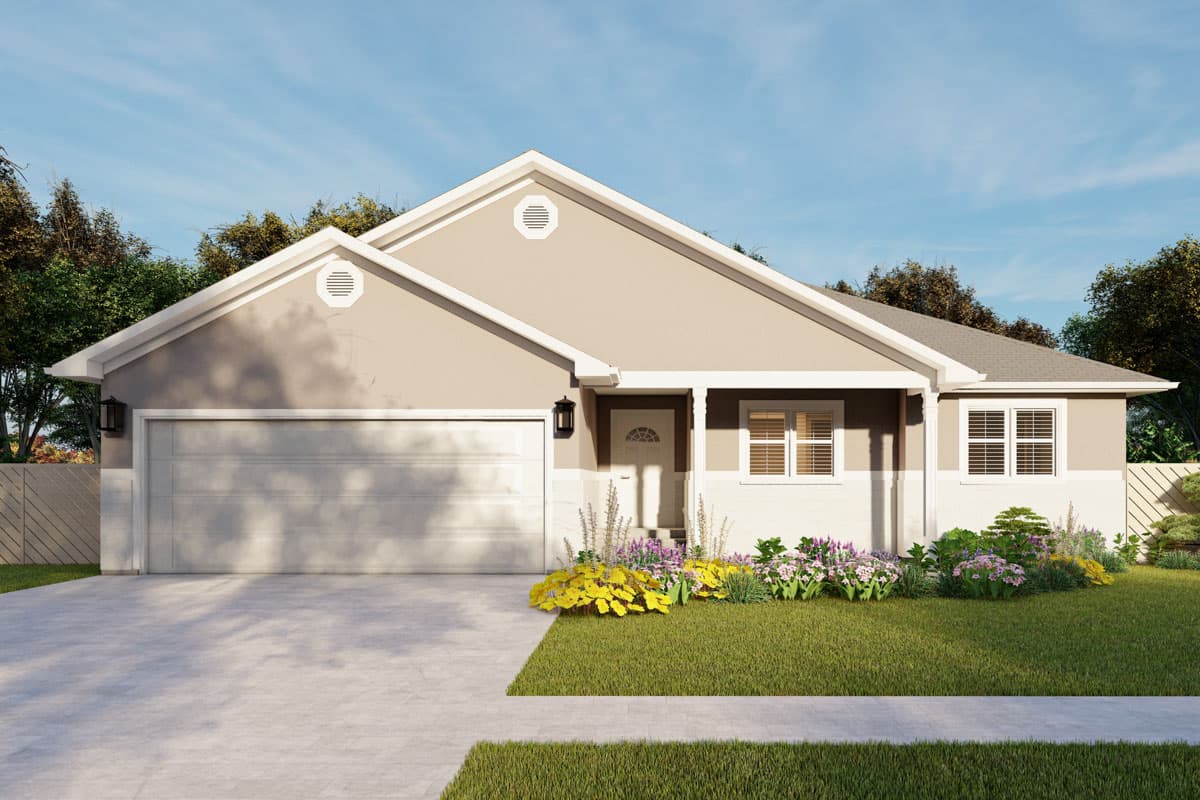 House plan exterior. Ranch-style home with a single story, gable roof, front-entry garage, and a covered front porch.