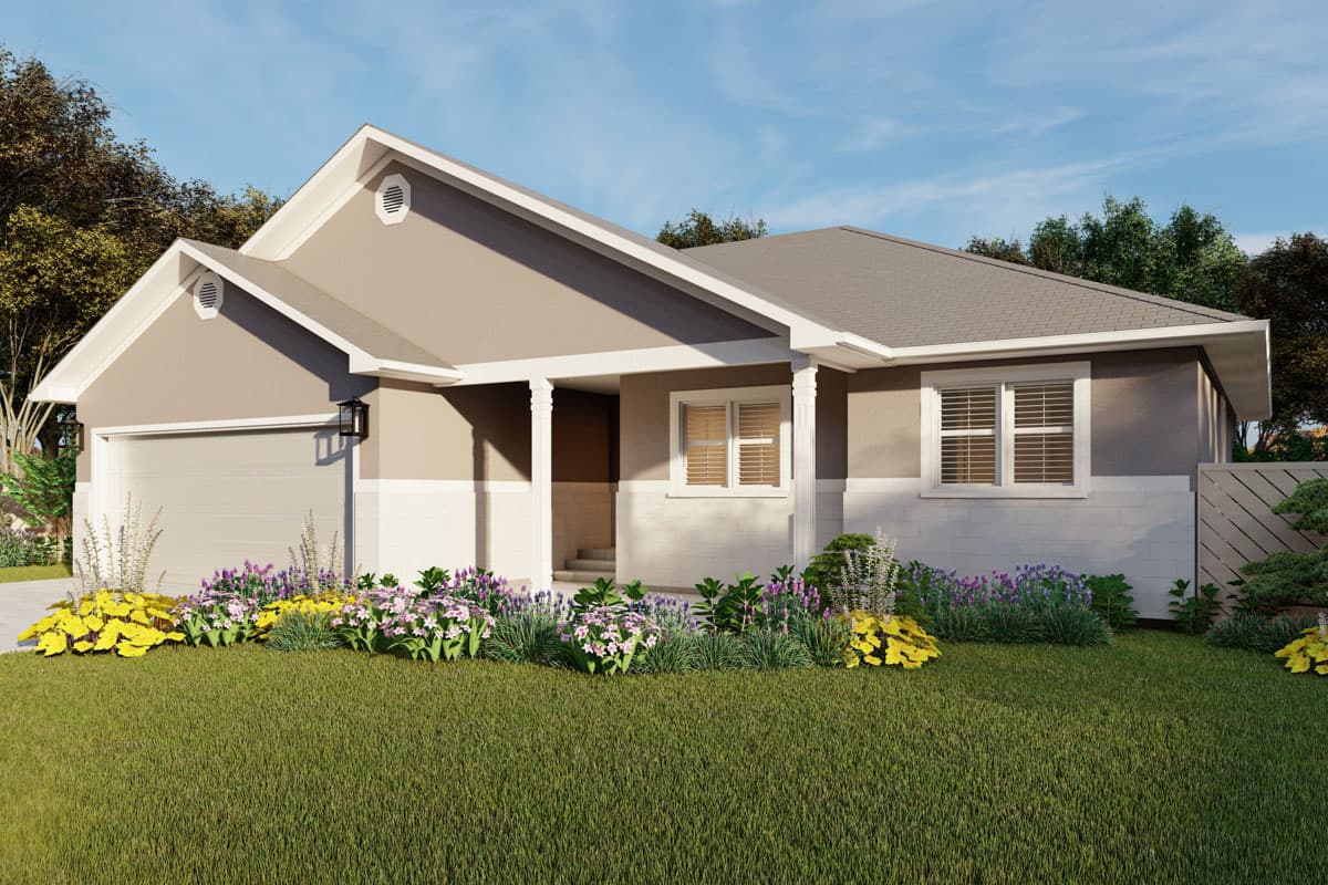 House plan exterior: single-story Modern Farmhouse with attached garage, covered porch, gable vents, and dual-tone siding.