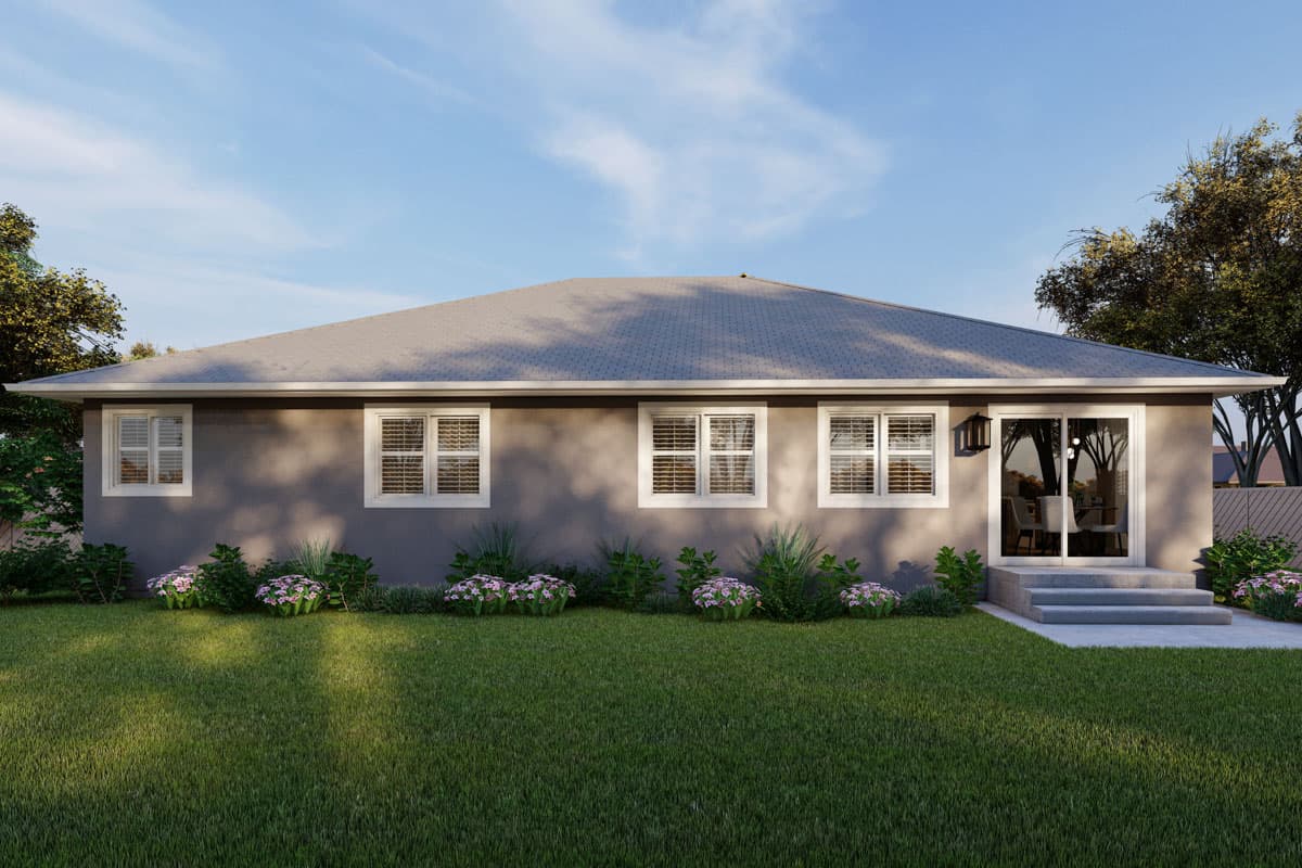 Single-story house plan exterior with a hip roof, four windows, and a sliding glass door leading to steps.