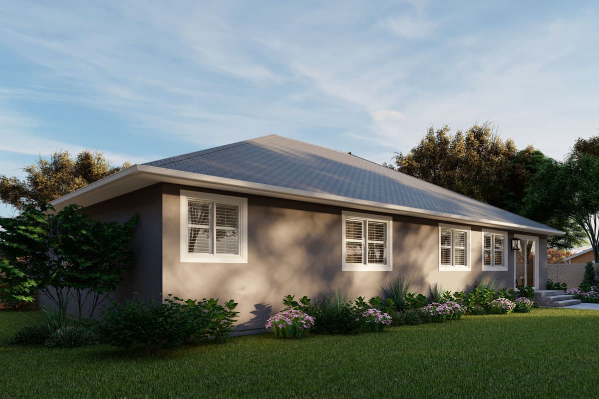 House plan exterior, one story, stucco walls, gable roof, multiple windows, and a covered entryway.