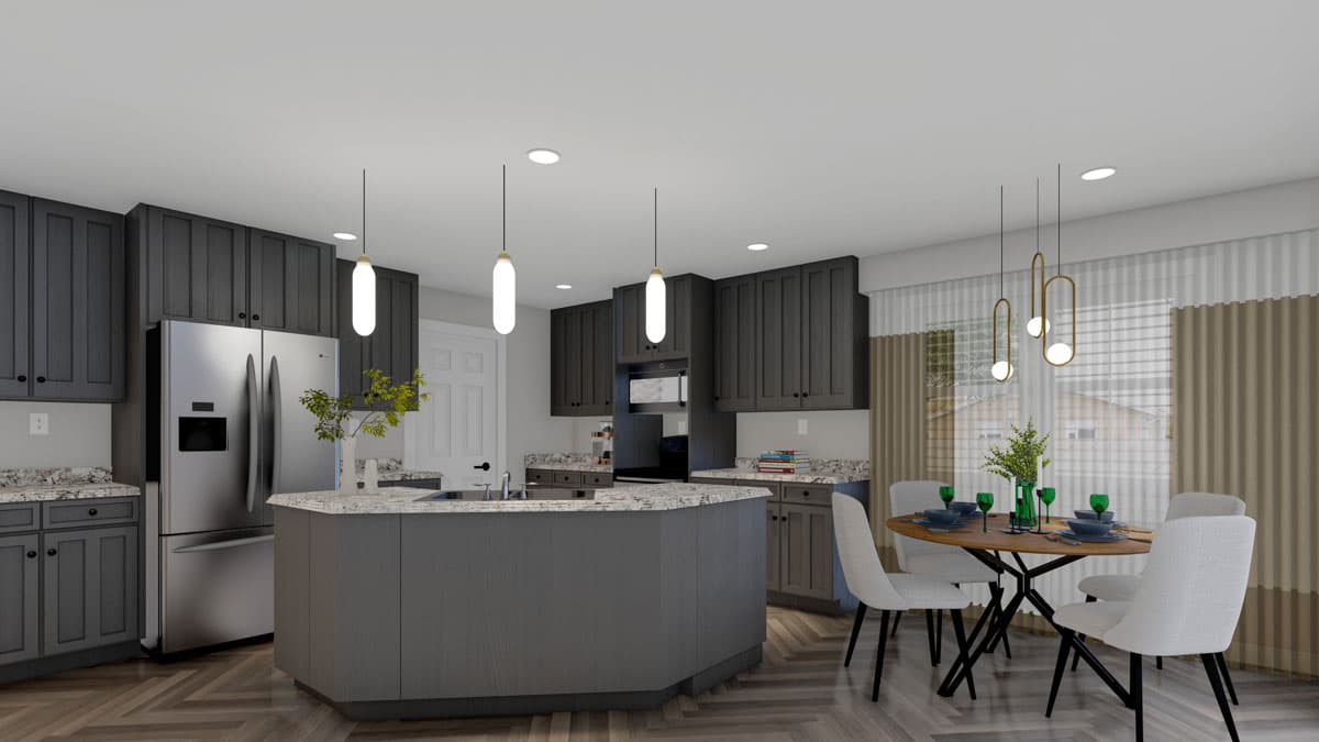 Kitchen with dark gray cabinetry, island, stainless steel refrigerator, and adjacent dining area with table and chairs.
