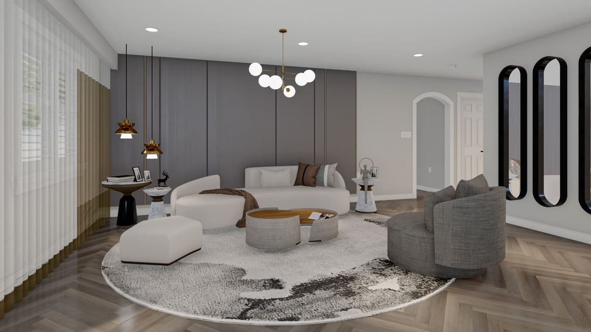 Living room rendering with rounded white sofa, accent chairs, modern coffee table, abstract rug, and decorative wall mirrors.