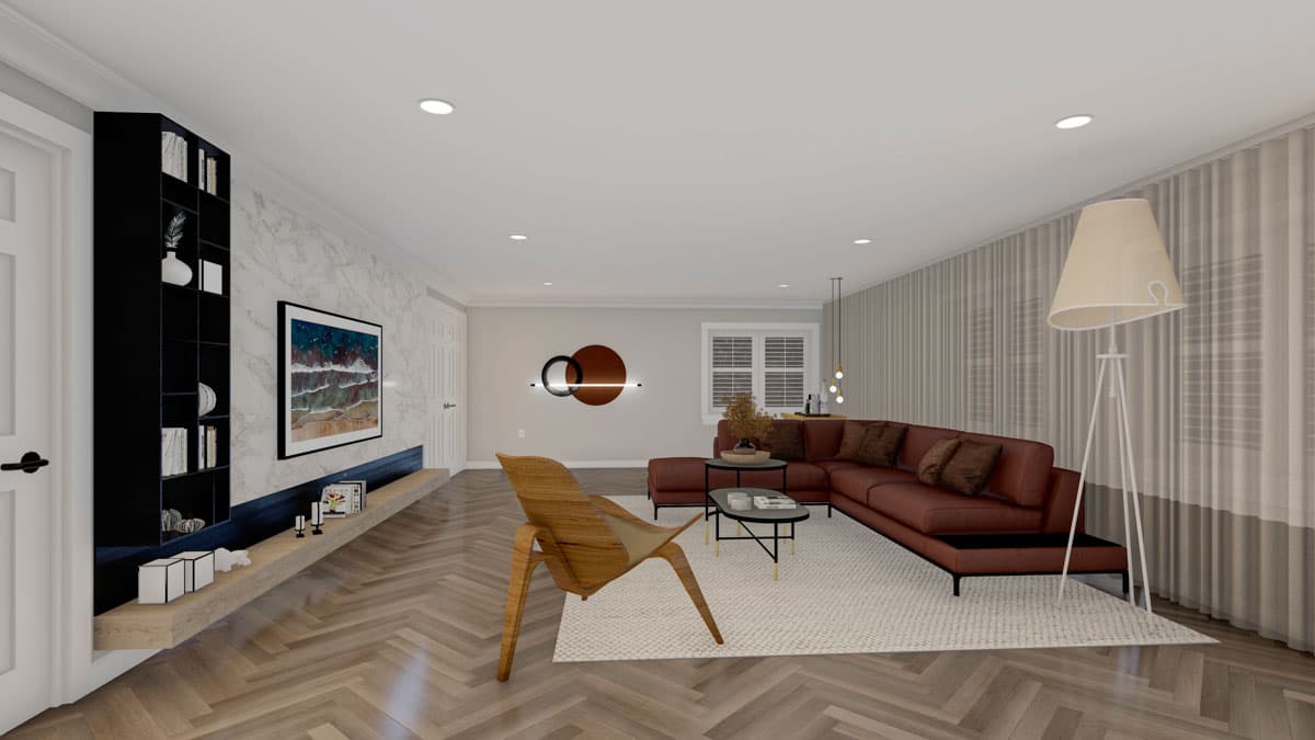 Living room rendering with sectional sofa, armchair, fireplace, built-in shelves, and herringbone wood flooring.