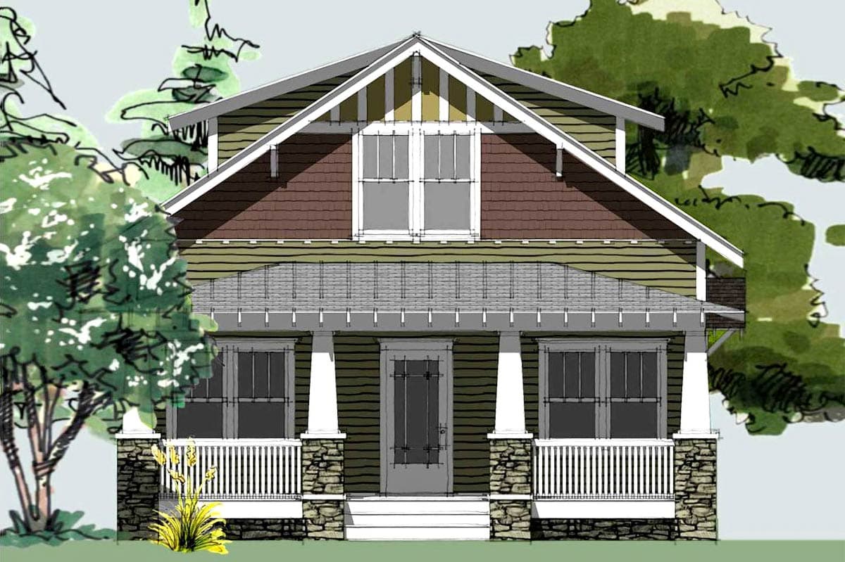 House plan exterior: Two-story Craftsman style with stone-clad porch supports, wide front porch, and prominent gable.