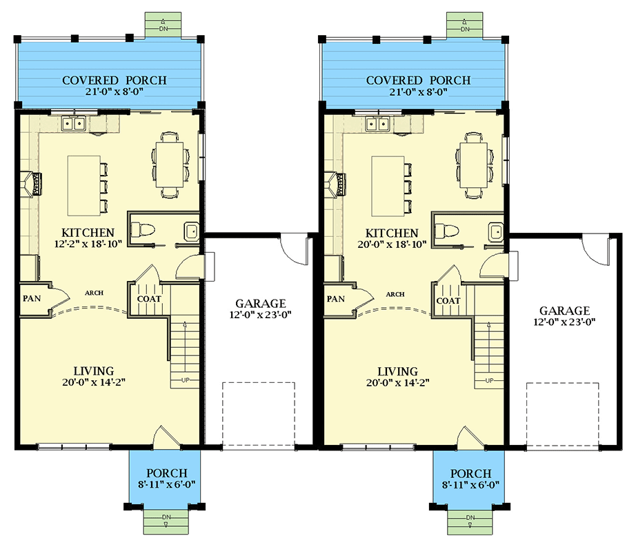 Plan 46499LA: New American Duplex House Plan with 1549 Square Foot 2-Bed Units - Floor Plan - Main Level - Craftsman, New American
