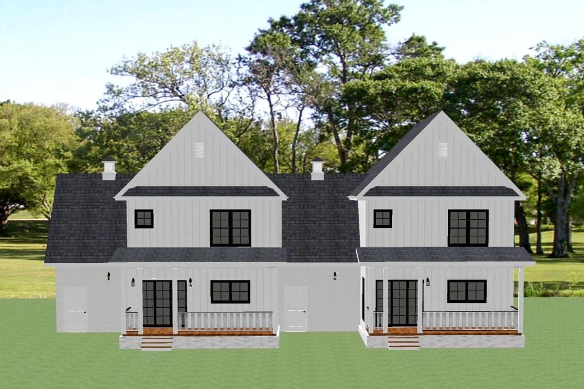 House plan exterior for two-story Modern Farmhouse with gabled dormers, asphalt shingles, and front porches.
